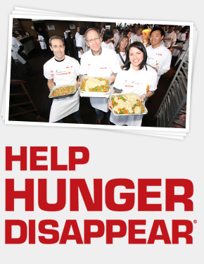 Volunteer chefs holding food and help hunger disappear logo