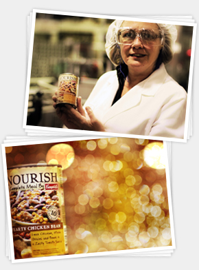 Campbell's factory worker and can of Nourish